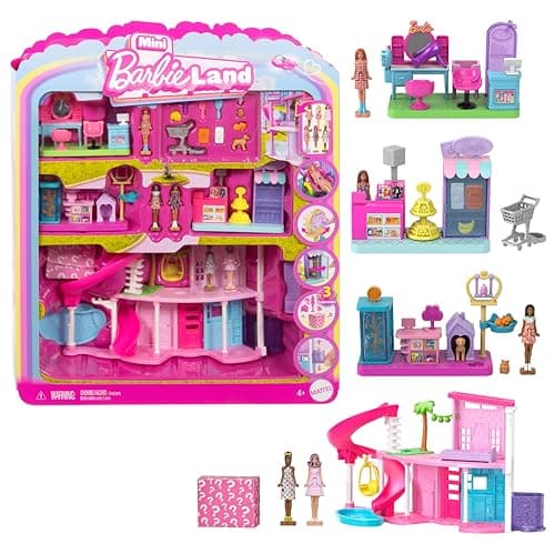 Image of Barbie Mini Barbie Land DreamHouse & 3 Playsets with 4 1.5-Inch Dolls, Doll House Furniture & Accessories, Includes Pet Boutique, Hair Salon, & SuperMarket, JGL31