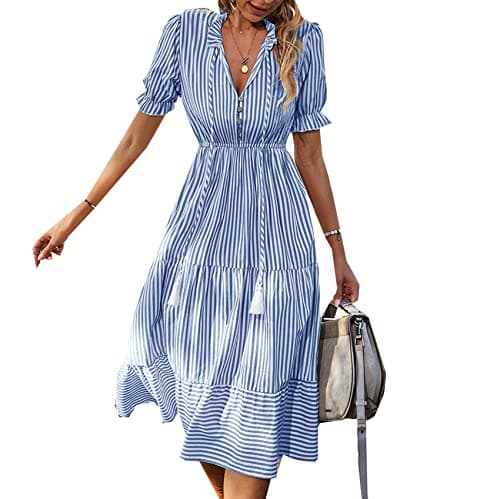Image of BAIXIAOCHI Women's Fashion Short Sleeve Dress Summer Striped Dress Temperament Dress Blue