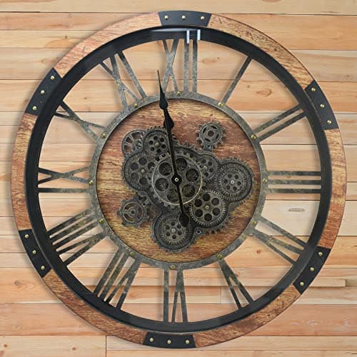 Image of DORBOKER Real Moving Gears Wall Clock, Large Wall Clock Oversized Silent Vintage Steampunk Industrial Rustic Farmhouse Wooden Clocks for Living Room Kitchen Studio Cafe Wall Decor(60cm/24inch, Brown)