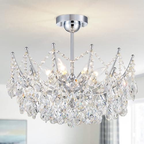 Image of WUZUPS Crystal Chandelier 6-Light Pendant Ceiling Light Modern Lighting Fixture for Bedroom Hallway Bar Kitchen Bathroom, H 48.7 x W 50, E14 Base, Antique White