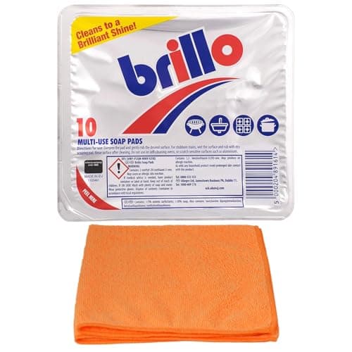 Image of Topest Brillo Multi-use Soap Pads (10 Pads) - Household Cleaner - Effective for Cleaning Pots, Pans, Cookers - with Ultra Absorbent Microfibre Cleaning Cloth