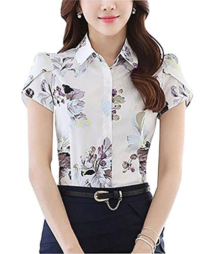 Image of Putaowor Women's Cotton Collared Floral Printed Button Down Shirt Short Sleeve Blouse Printed 24