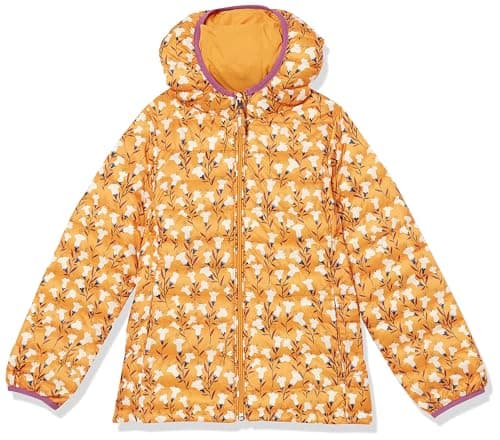 Image of Amazon Essentials Girls' Lightweight Water-Resistant Packable Hooded Puffer Jacket, Yellow Floral, 8 Years