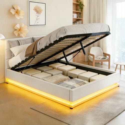 Image of BESTWANTED Gas Lift Ottoman Storage Bed,5FT King Size Bed Frame with Storage, Ottoman Bed with LED Lights, Faux Leather, White