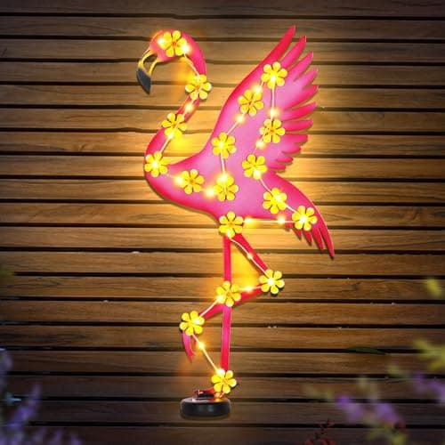 Image of Metal Flamingo Outdoor Wall Decor with 30 Led Solar Lights- 23.2" Outdoor Fence Wall Art Decor, Gift for Mom Grandma Women Birthday Gardening,Hanging Decoration for Garden Patio Porch Yard