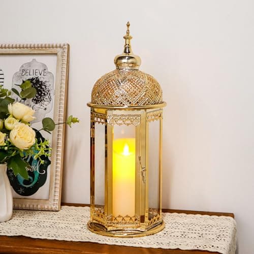 Image of TRIROCKS Moroccan Candle Lantern 37cm High Gold Candle Holder with Tempered Glass Decorative Indoor Outdoor Ramadan Lantern for Living Room Garden Yard Patio Parties Events (Gold)