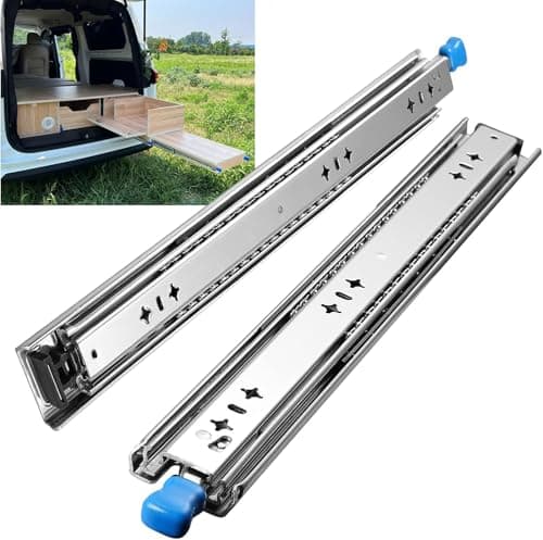 Image of Heavy Duty Drawer Runners with Lock 38 Inch,3-Fold Full Extension Locking Drawer Slides 250 lbs Load Capacity Side Mount Ball Bearing Industrial Locking Rail 1 Pair(W:53mm, 38")