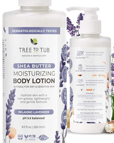 Image of Tree To Tub Lavender Shea Butter Body Lotion for Dry Skin - Moisturizing Sensitive Skin Lotion for Women & Men, Vegan Body Moisturizer w/Organic Aloe Vera, Cocoa Butter, All Natural Colloidal Oatmeal