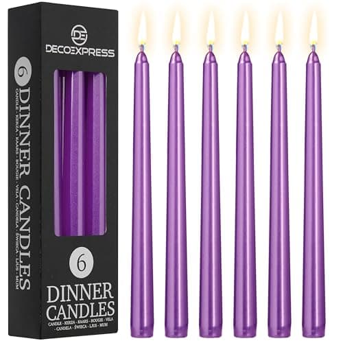 Image of DECO EXPRESS Candles Set, Pack of 6 Classic Dripless Tapered Metallic Dinner Candles, Unscented with 8 Hours Burning Time, Home, Valentine’s Day & Mother’s Day Decor Idea (Metallic Purple, 6 Pack)