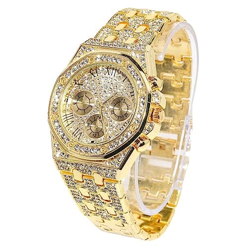 Image of HALUKAKAH Diamonds Gold Watch for Men, 18k Real Gold Plated 20mm Width Quartz Wristband 22cm, Free Giftbox