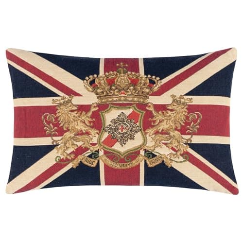 Image of furn. Evans Lichfield Union Jack Lion Crest Polyester Filled Cushion – British Heritage Traditional Patriotic Decorative Pillow (Multicolour – 32x46cm)
