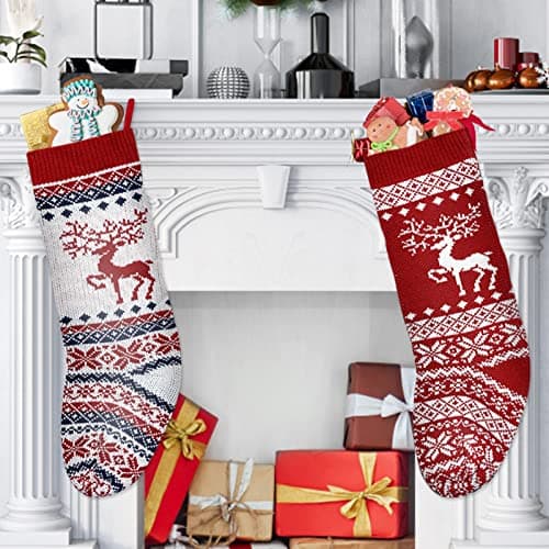 Image of Knitted Christmas Stockings Set of 2, 18 inch Large Christmas Stocking Personalised Knitted Xmas Stocking Hanging for Fireplace Christmas Tree Decorations Sack, Santa and Reindeer Theme Gift Bags