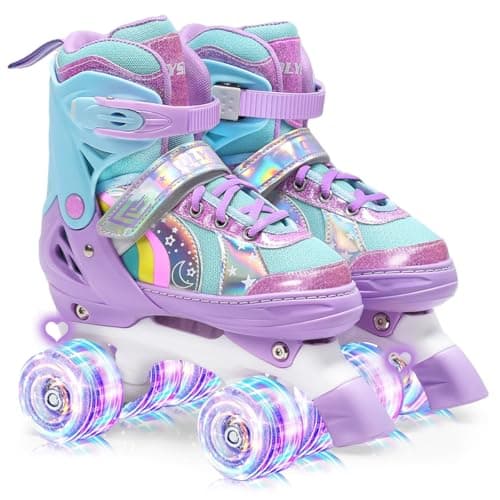 Image of OLYSPM Kids Roller Skates for Girls Boys Pro 4-Size Adjustable, Roller boots With 8 Light Up Wheels, Beginner safe Children's Quad Skates - Ideal Christmas Birthday Gift(Purple,S)