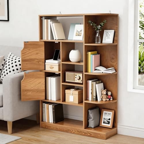 Image of YITAHOME Freestanding Bookcase, Display Shelf with with 9 Open Shelves and 2 Doors Side Cabinet for Living Room, Bedroom, Office, Oak Color, 80W × 24D × 120H CM