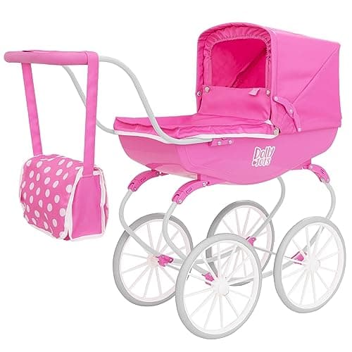 Image of Dolly Tots Carriage Pram | Traditional Style Dolls Pram with White Wheels & Matching Bag | Premium Pushchair Toy for Kids Age 3+ | Classic Push Along Pram for Girls & Boys