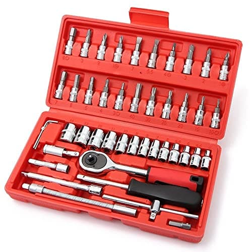 Image of LSLANSOON 46 Pcs 1/4” Drive Socket Ratchet Wrench Set with Storage Case, Includes Metric Bit Socket Set and Extension Bar for Auto Repair and Home Maintenance