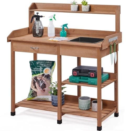 Image of Yaheetech Garden Potting Table, Wood Potting Bench Removable Sink Drawer Planting Germination Workstation w/Open Shelves & Side Hooks for Patio, Balcony, Yard & Lawn, Brown