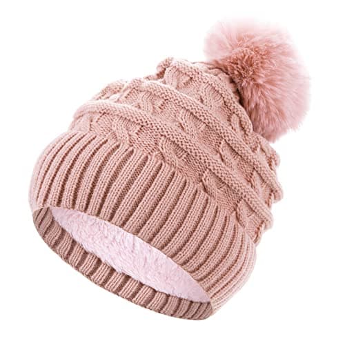 Image of Sibba Satin Lined Winter Hats for Women Bobble Hat for Ladies Double Layer Skullies Beanies Thermal Caps Knitted Wooly Hats with Large Faux Fur Pom Pom for Girls(Pink)