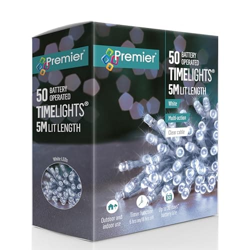 Image of Premier 50 Battery Operated White LED Timelights, 5m Lit Length, Clear Cable, Multi-Action with Timer Function, Indoor and Outdoor Use