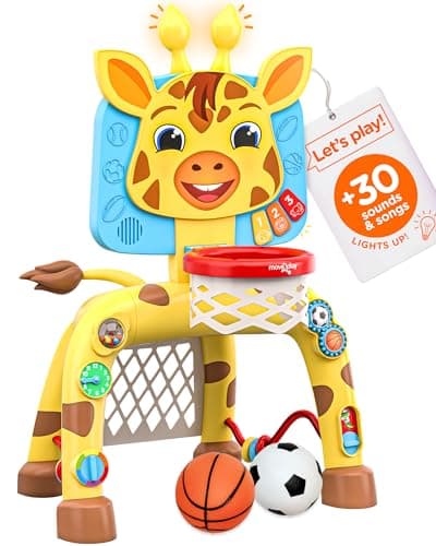 Image of Move2play, Giraffe Basketball Hoop & Football Goal Activity Center | 30+ Sounds & Songs + 5 Lights | 1 2 3 Year Old Birthday Gift for Boys and Girls | Toy for Baby & Toddlers