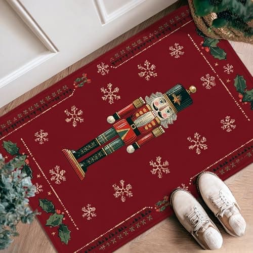 Image of Nutcracker Runner Rug, Christmas Festive Holly Snowflake Christmas Red Low Pile Sponge Soft Doormat Throw Rug Stain Resistant for Kitchen Entryway Bedside Doorway Hallway Decor 2x3 Ft