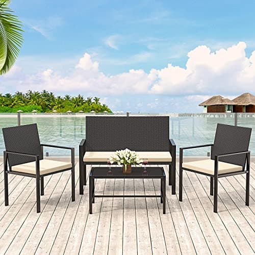 Image of bigzzia Rattan Garden Furniture Set, 4 piece Patio Rattan furniture sofa Weaving Wicker includes 2 Armchairs,1 Double seat Sofa and 1 table (New Black Set)