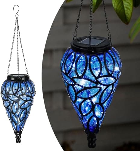 Image of Taylor & Brown Solar Hanging Lantern - Decorative Handblown Plastic Teardrop Hanging Lantern Light with 15 LED Lights for Outdoor, Garden, Patio, Yard, Pathway (Blue)