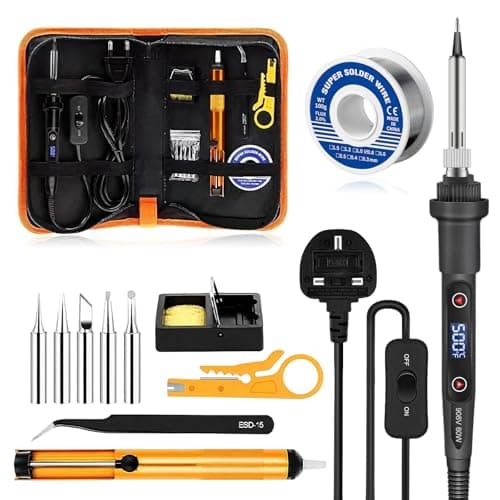 Image of 80W Soldering Iron Kit with Adjustable Temperature (180-520°C) & LED Display for Electronics Repair, Includes Solder Wire, Stand, Desoldering Pump, Wire Stripper, 5 Tips, Tweezers & Tool Case