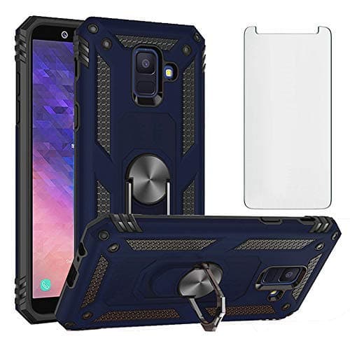 Image of Phone Case for Samsung Galaxy A6 Cover with Tempered Glass Screen Protector Stand Ring Holder Shockproof Silicone Heavy Duty Accessories Magnetic Metal Hard Glaxay A 6 2018 SM-A600FN Girls Blue