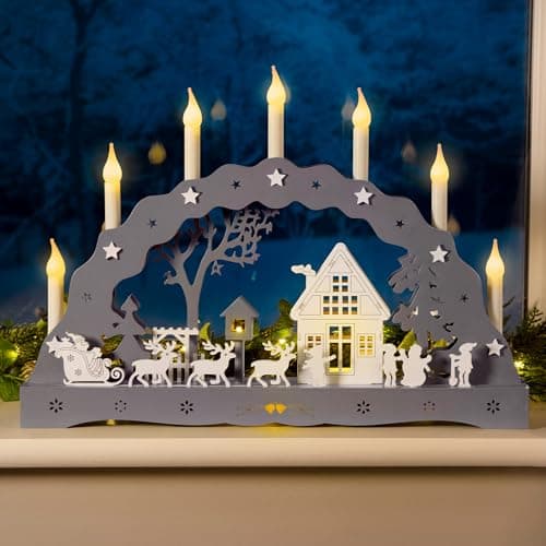 Image of Christow Christmas Candle Arch Grey Wooden Bridge With Winter Village Scene Battery Operated With Timer