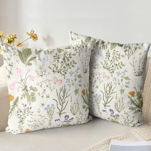 Image of XPHZZL Cushion Covers Set of 2 Pack 45 x 45 cm - Soft Short Plush Sage Green Wild Flower Plant Pillow Covers for Sofa Bed Garden Outdoor Spring Decor Flower Plant with Invisible Zipper