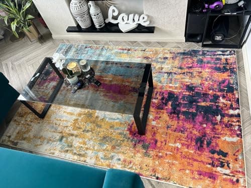 Image of Modern Multicolour Abstract Pattern Rugs Orange Blue Grey Thin Pile Contemporary Living Area Bedroom Rug 160cm x 230cm (5ft 3" x 7ft 7")