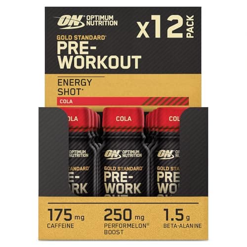 Image of Optimum Nutrition Gold Standard Pre-Workout Energy Shot, Ready to Drink Food Supplement with Beta Alanine, Caffeine, PerforMelon Boost and Vitamin B6 and B12, Cola Flavour, 12-Pack, 12 x 60 ml