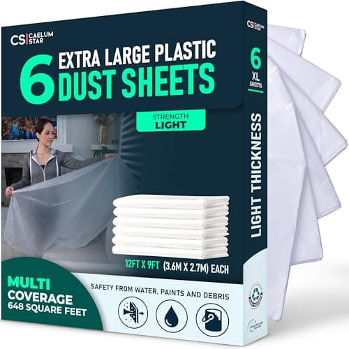 Image of CS 6 Pack Extra Large Plastic Dust Sheets for Decorating 3.6 x 2.7m (12x9 ft), Dust Sheets for Painting, Clear Plastic Sheet Polythene Sheeting Painting Tools, Decorating Tools, Home Improvement