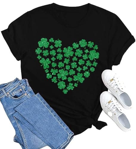 Image of SUWATOIN Womens St Patricks Day T Shirt Shamrock Heart Print Shirt St. Patrick's Day T-Shirt Irish Gift Tops Black