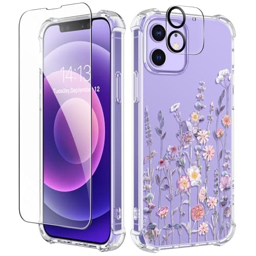Image of GVIEWIN Compatible with iPhone 12 Case/iPhone 12 Pro Case 6.1 Inch 2020, with Tempered Glass Screen Protector + Camera Lens Protector, Clear Flower Soft TPU Thin Shockproof Cover, Floratopia/Colorful