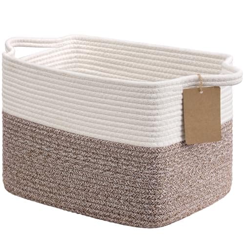 Image of TIMEYARD Woven Storage Basket, Cotton Rope Baskets for Toys, Books, Small Baby Laundry Baskets with Handles, Rectangle Dog Toy Basket for Living Room, 33 x 25.4 x 22.9 cm