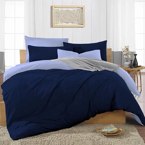 Image of Ev Dekor® Duvet Cover Set Double Dark Blue Light Blue - Soft Microfibre Polyester Plain Dyed Reversible Double Duvet Set with Pillow cases - Bedding Quilt Covers Bedsheets