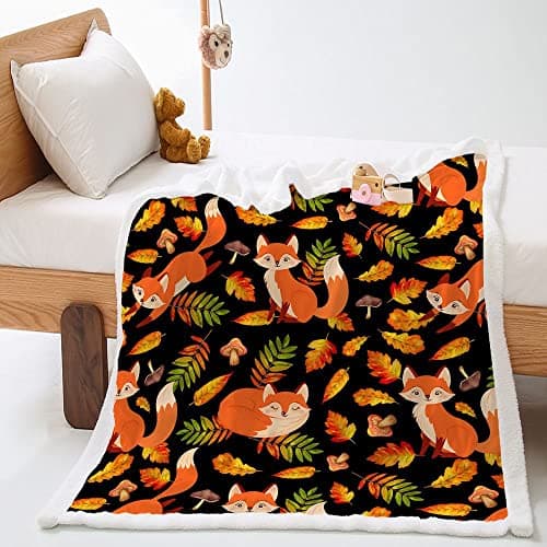 Image of Highdi Fleece Throw Blanket Cute Little Fox Printed Soft Double Layer Plush Blanket Bedding for Sofa Bed Couch, Microfiber Winter Warm Single Double King Blankets (130x150cm,Autumn Leaves)