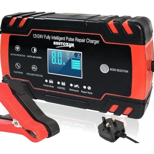 Image of PROFIKLA 12V/24V 8Amp Car Battery Charger, Automatic Smart Battery Charger with Intelligent Charges, Repairs, Maintains Lead Acid Batteries, Car, Motorcycle, Boat Mower Battery