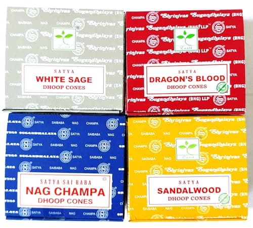 Image of Satya Nag Champa Incense Cones Hot Mix, Agarbatti, Dragons Blood, Sandalwood, White Sage, 4 Packs of 12 Cones in each box (4, Hot Mix)
