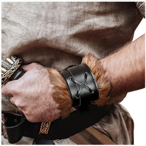 Image of L'VOW Viking Fur Wrist Guard Leather Armor Bracer Cuff Medieval Gauntlet Wristband Renaissance Warrior Costume Accessories, S1-black, One size