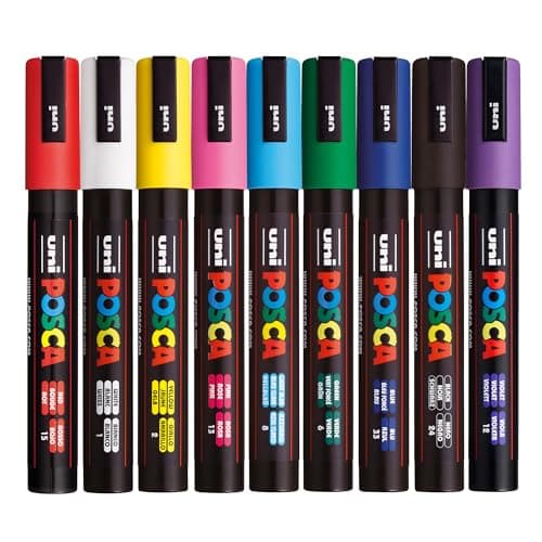 Image of Posca - Standard PC-5M Acrylic Paint Pens (9pc), Multi Surface Markers for Windows, Glass, Graffiti, Fabric, Rock Painting, Canvas, Wood, Metal, Fabric, Colouring, Arts & Crafts, with 4 Stickers