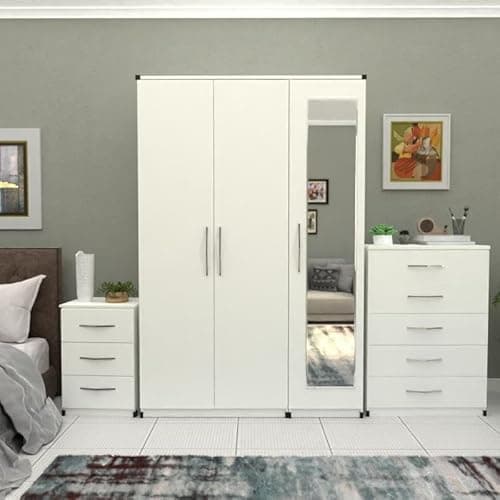 Image of Fully Assembled Furniture Set, 3 Door Mirrored Wardrobe 116cm, Chest of Drawers 73cm, Bedside Table 62cm, White (White)