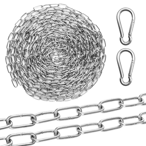 Image of Stainless Steel Chains, Metal Chain Heavy Duty Chain Links, 1.5mm x 6M Stainless Steel Link Chains Security Chains for Fence Door Swing Lift Gate Bike with 2 Carabiners