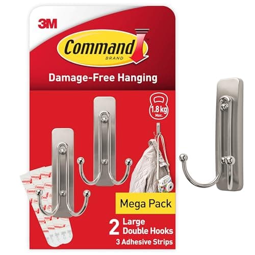 Image of Command Decorative Hook, Indoor use - 2 Metal Hooks and 3 Adhesive Strips - Hang Jackets, Purses, Handbags, Backpacks, Hats, Scarves, Dog Leads - Organise Damage Free, Brushed Nickel, L