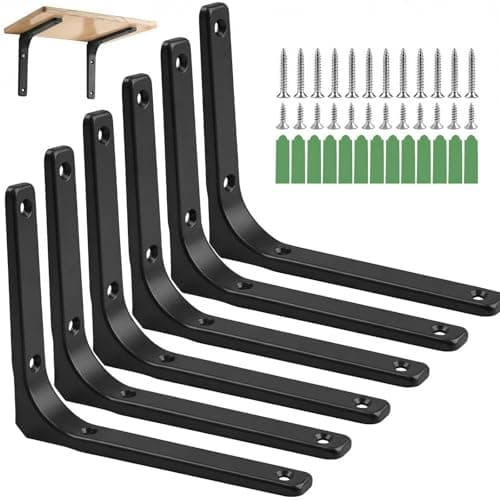 Image of Dwsdws 6 Pcs Shelf Bracket 150x125mm Black Heavy Duty L Shape Wall Mounted Metal Brackets Right Angle Bracket Hanging Shelf Support with Screws and Expansion for Bookshelf Wood Board Furniture Shelves