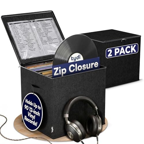 Image of Tydi Vinyl Record Storage Box with Zip Closure (2 Pack) – Holds Up to 90 12 Inch Vinyl Records – Collapsible Crate, LP Storage Boxes, Records Box – Home Storage Use Vinyl Storage Box