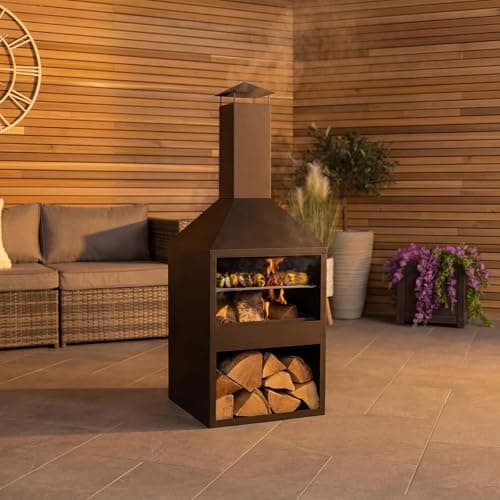 Image of CHARLES BENTLEY Iron And Black Powder Coated Steel 118cm BBQ & Chimenea, Heater, Wood And Charcoal Burner, Rust Resistant, Log Storage, Poker Included, Contemporary Design, In Black (118x44x44cm)