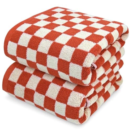 Image of Jacquotha Ultra Soft Bath Towels 2 Pack - 520 GSM Cotton Highly Absorbent Checkered Towels Set for Bathroom Shower Pool Travel 55" x 28"(Coral)
